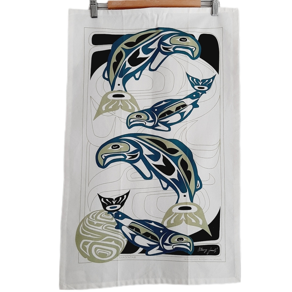 🍒4 for $20🍒 Native Art Print Tea Kitchen Towel Salmon Design Blue & Green